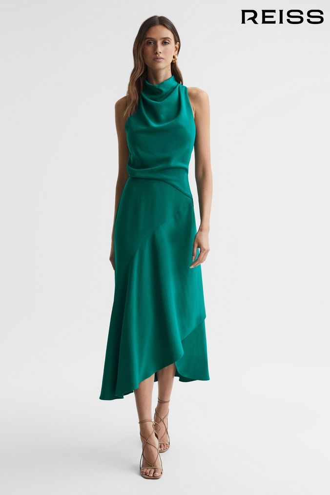 Reiss Green Giana High Neck Draped Midi Dress (BK7313) | £228