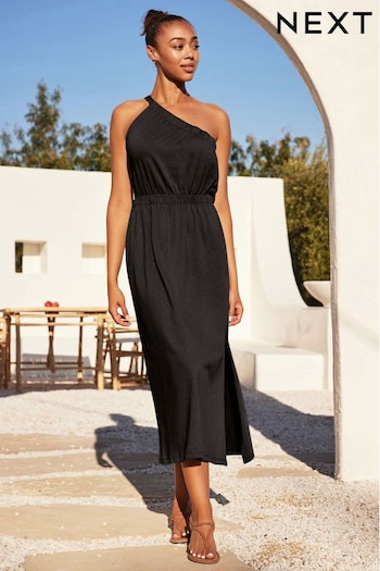 Black One Shoulder Split Hem Cotton Midi Summer Dress (C01247) | £26