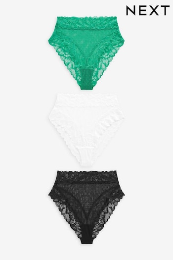 Black/Green/White High Rise High Leg Floral Lace Trim & Mesh Knickers 3 Pack (C01322) | £24