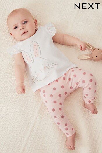 Pink/White Bunny Baby Woven T-Shirt And Leggings Set 2 Piece (C01551) | £12 - £14