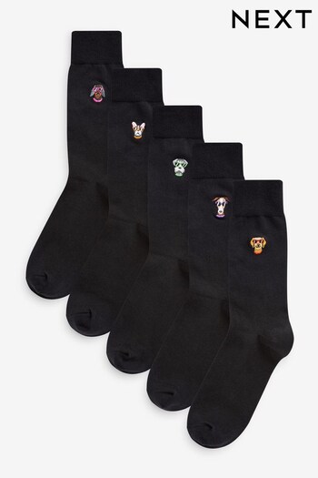 Black Summer Dogs 5 Pack Embroidered Socks (C01780) | £14