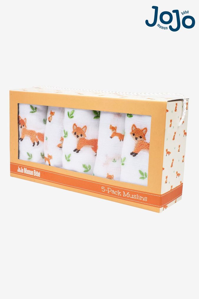 JoJo Maman Bébé White 5-Pack Gift Boxed Baby Fox Muslins (C02128) | £18