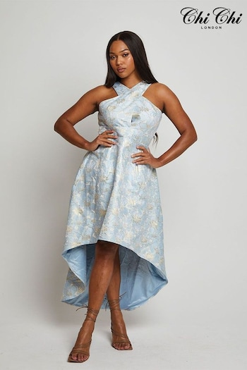 Chi Chi London Blue Cross Front Halter Floral Jacquard Dip Hem Dress (C02251) | £110