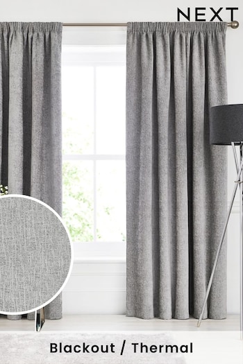 Silver Grey Heavyweight Chenille Pencil Pleat Blackout/Thermal Curtains (C02385) | £70 - £165