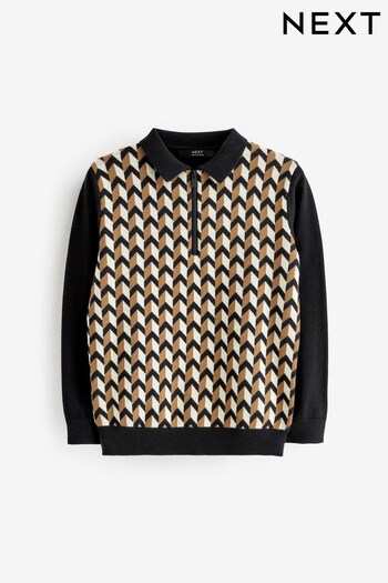 Black/Cream Long Sleeve Knitted Geo Patterned sneakers Polo Shirt (3-16yrs) (C02847) | £14 - £19