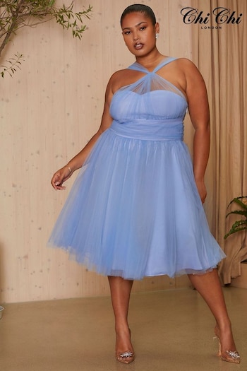 Chi Chi London Blue Plus Size One Shoulder Mesh Midi Dress (C02962) | £100