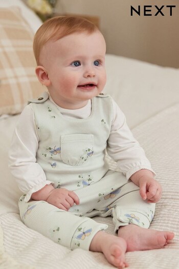 Sage Green Floral Jersey Baby 2 Piece Dungarees And Bodysuit Set (0mths-3yrs) (C02968) | £17 - £19