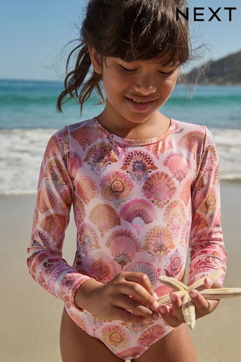 Coral Pink Foil Print Long Sleeve Swimsuit (3-16yrs) (C03097) | £17 - £22