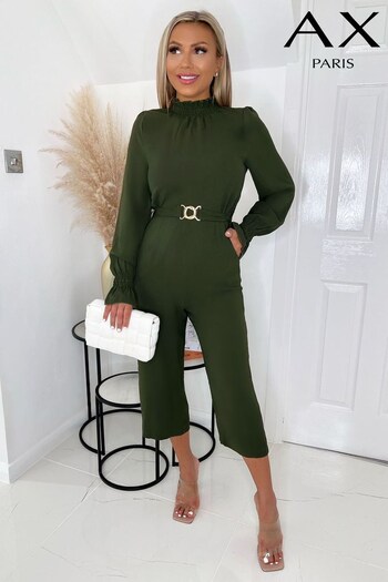 AX Paris Olive Green High Neck Long Sleeve Belted Jumpsuit (C03278) | £45