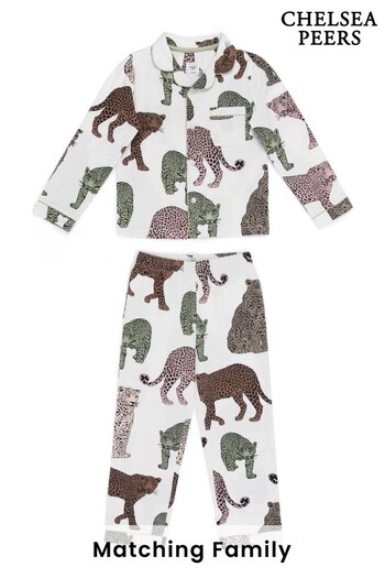 Chelsea Peers Cream Kids Organic Cotton Leopard Print Long Pyjama Set (C03496) | £45