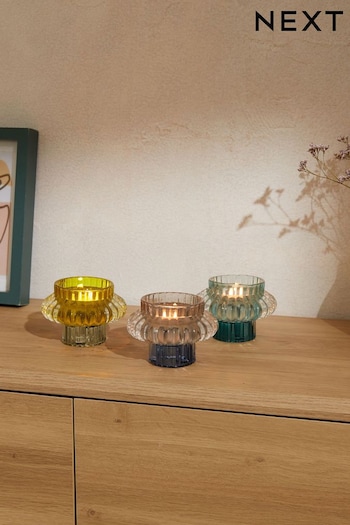 Set of 3 Green Glass Tealight and Tapered Candle Holder (C03561) | £16