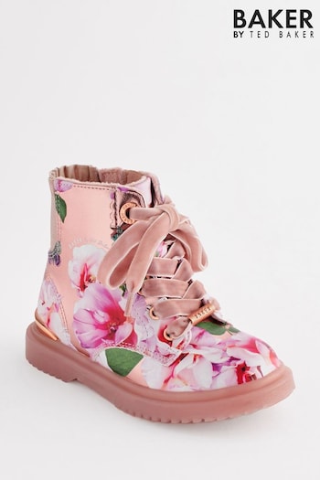 Baker by Ted Baker Girls Pink Floral Print and Glitter Lace Up Boots (C03609) | £52