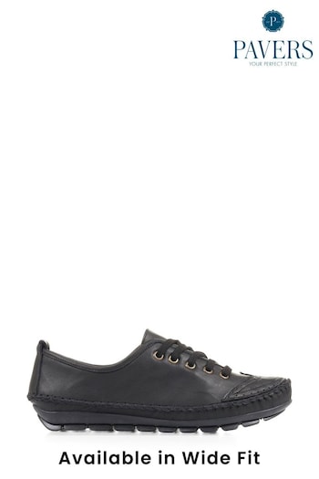 Pavers Wide Fit Black Leather Lace-Up Trainers (C03651) | £45