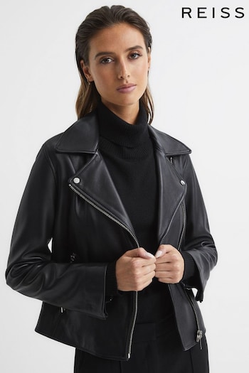 Reiss Black Geo Leather Biker Jacket (C03676) | £275
