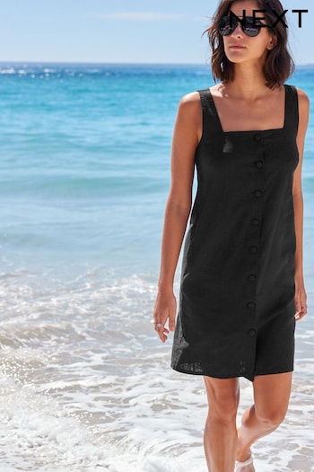 Black Button Down Linen Blend Shift Dress (C03787) | £30