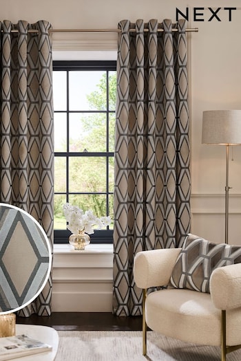 Champagne Gold Collection Luxe Heavyweight Geometric Cut Velvet Lined Eyelet Curtains (C03822) | £175 - £350