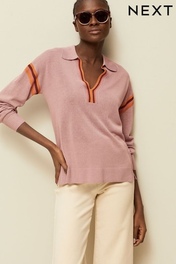 Blush Pink Tipped Linen Polo Long Sleeve Jumper (C03918) | £28