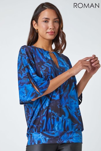 Roman Blue Abstract Print Cold Shoulder Stretch Top (C04473) | £30