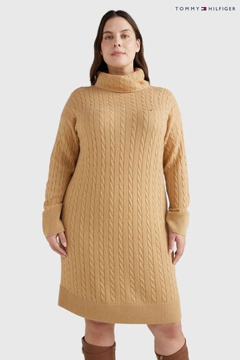 Tommy Hilfiger Brown Curve Cable Knit Roll Neck Dress (C04609) | £180