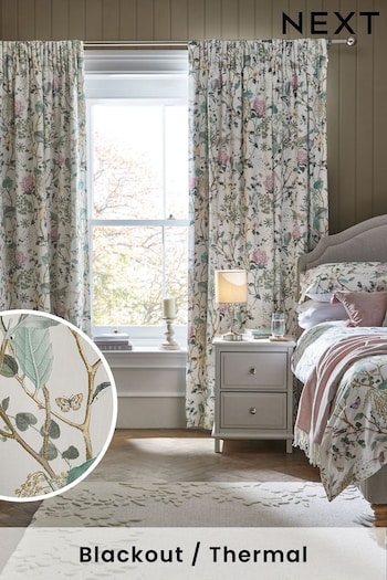 Natural Next Reflections Floral Pencil Pleat Blackout/Thermal Curtains (C04902) | £50 - £110