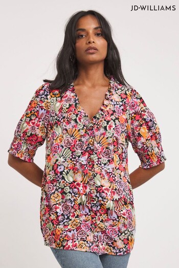 JD Williams Pink Multi Floral Short Sleeve Button Front Tea Blouse (C04983) | £26