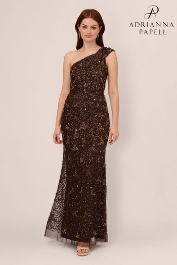 Adrianna Papell Beaded Of Shoulder Brown Gown (C05287) | £299