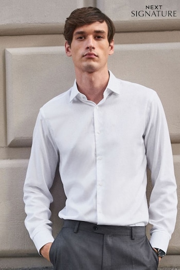 White Regular Fit Signature Textured Single Cuff long Shirts 2 Pack With Trim Detail (C05769) | £36