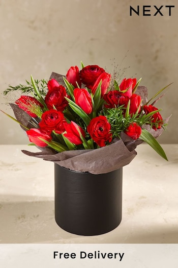 Red Fresh Flower Roses And Tulips Bouquet in Hatbox (C05975) | £40
