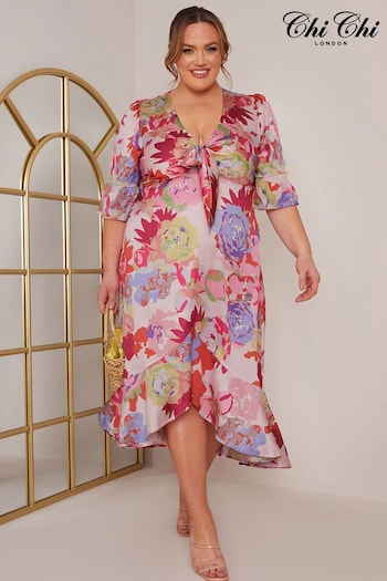 Chi Chi London Pink Curve Tie Front Floral Print Midi Dress (C05989) | £58