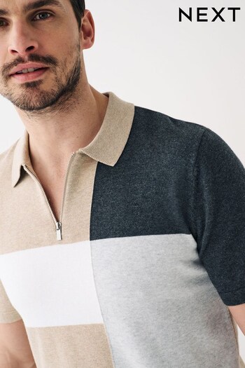 Sand Short Sleeve Asymmetric Block Knit Polo Shirt (C05998) | £32