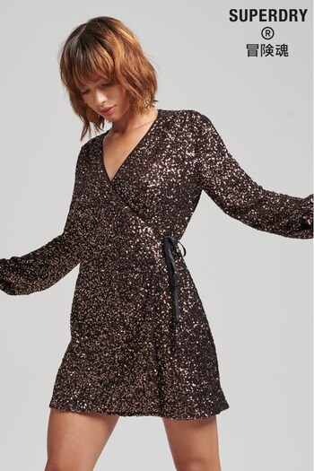 Superdry Brown Sleeved Sequin Wrap Mini Dress (C06154) | £80