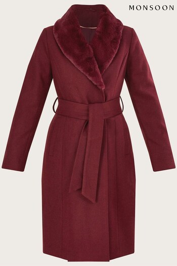 Monsoon Red Rufus Faux Fur Collar Belted Coat with Recycled Polyester (C06606) | £175