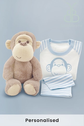 Babyblooms Monkey Soft Toy with Personalised Blue Stripe Pyjamas (C06810) | £49