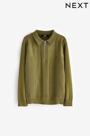Khaki Green Textured Knit Zip Neck Long Sleeve Polo koszula Shirt (3-16yrs) (C07079) | £15 - £20