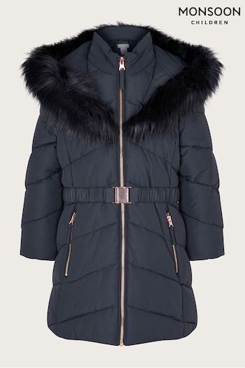 Monsoon Blue Belted Faux Fur Hooded Coat (C08177) | £58 - £68
