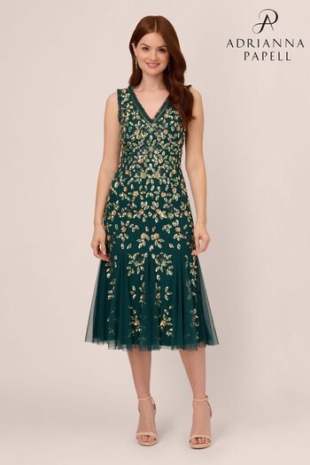 Adrianna Papell Green Ruffle Bead Dress (C08251) | £299