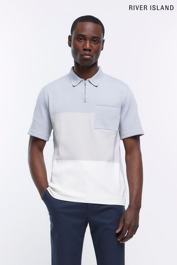 River Island Grey Colourblock Knit Polo Shirt (C08498) | £33