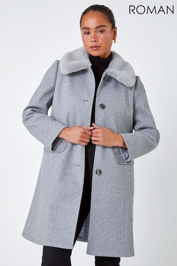 Roman Grey Petite Faux Fur Collar Longline Coat (C08780) | £80