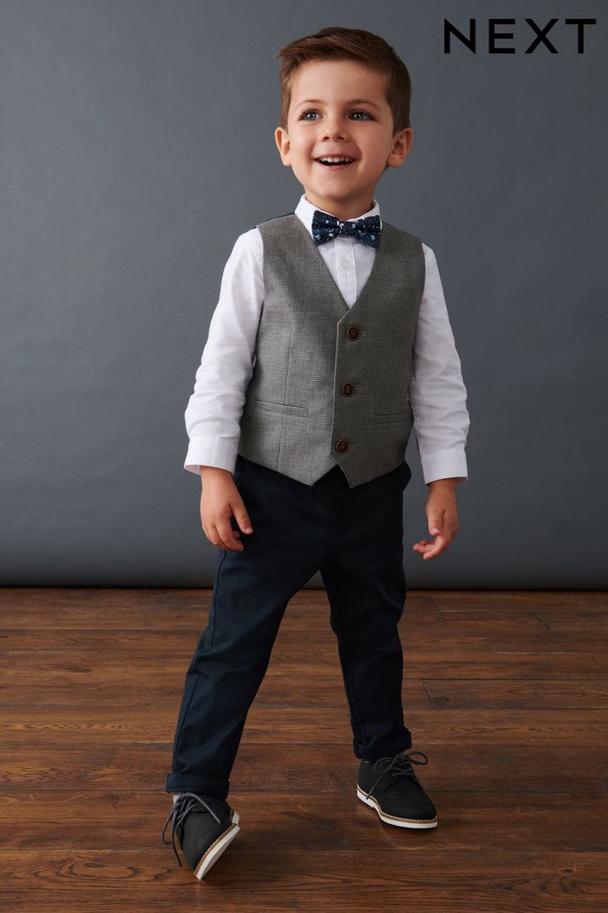 Grey Dogtooth Waistcoat, Shirt, Trousers & Bow Tie Set (3mths-9yrs) (C08804) | £45 - £51