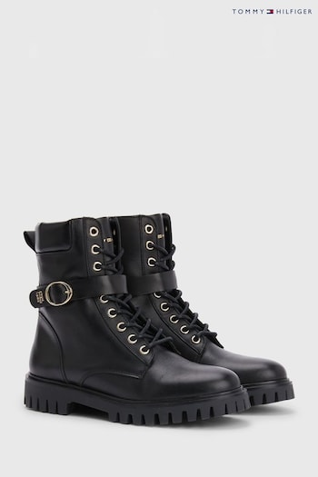 Tommy Hilfiger Buckle Lace-Up Black Boots (C08926) | £170