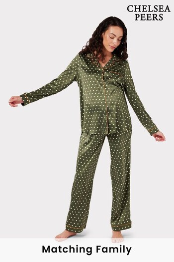Chelsea Peers Green Maternity Satin Green Polka-Dot Print Long Pyjama Set (C09122) | £55