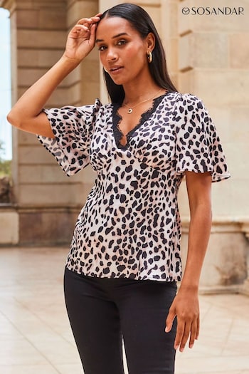 Sosandar Black/White Leopard Print Slim Fit Lace Trim Top (C09521) | £45