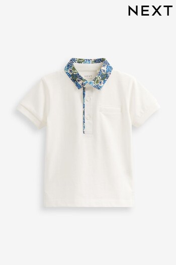 White Short Sleeve Polo Shirt With Floral Print Collar (3mths-7yrs) (C09688) | £10 - £12
