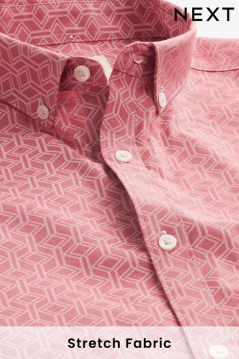 Pink Stretch Oxford Printed Short Sleeve Shirt (C09711) | £30