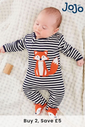 JoJo Maman Bébé Navy Ecru Stripe Fox Appliqué Zip Cotton Baby Sleepsuit (C09716) | £21