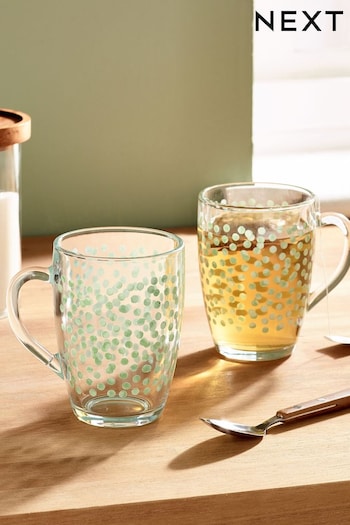 Set of 2 Sage Green Polka Dot Glass Mugs (C10348) | £9