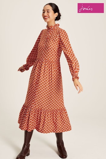 Joules Josie Burnt Orange Midi Tier Dress with Frill Neck (C10795) | £54.95