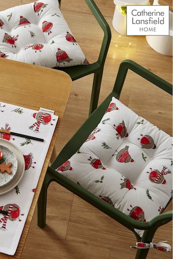 Catherine Lansfield Red Christmas Robins Cotton Seat Cushions Set of 2 (C11263) | £22