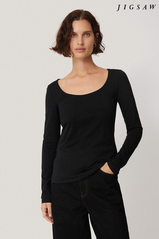 Buy Women s Black Long Sleeve Scoop Neck Tops Online Next UK