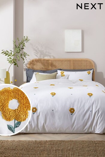 White Tufted Embroidered Flowers 100% Cotton Duvet Cover and Pillowcase Set (C11520) | £45 - £75